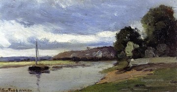 Banks Painting - banks of a river with barge Camille Pissarro